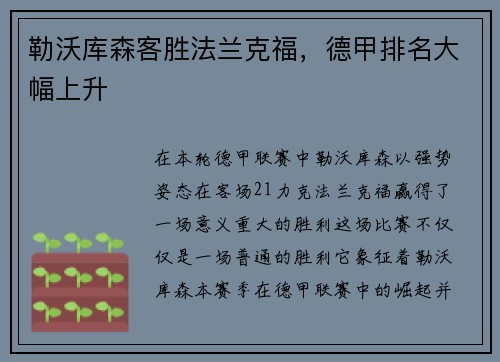 勒沃库森客胜法兰克福，德甲排名大幅上升